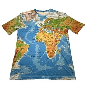 World Map All Over Print T-Shirt Mens Medium Blue Global Geography Graphic Tee